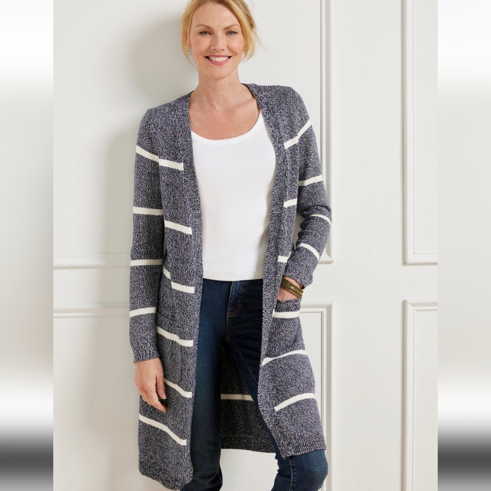 Talbots Womens Stripe Marled Duster Cardigan Sweater Quiet Luxury Neutral 1X